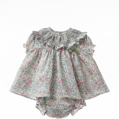 GIRLS FLORAL PRINT SMOCK COLLAR SHORT DRESS WITH BLOOMER 2P PISA