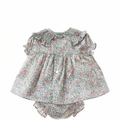 GIRLS FLORAL PRINT SMOCK COLLAR SHORT DRESS WITH BLOOMER 2P PISA