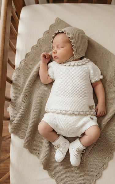 GIRLS KNITTED BLOUSE AND BLOOMER COMBINED WITH BEIGE WAVES  3P SET