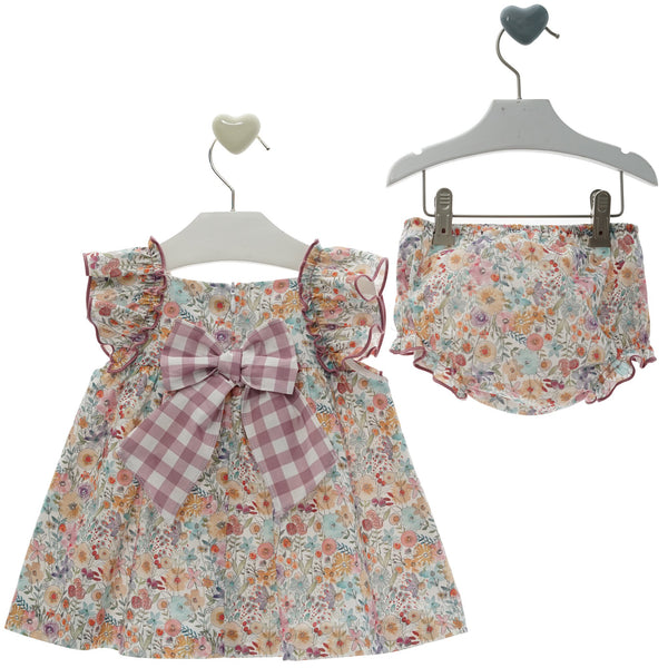 GIRL FLORAL PRINT AND PLAID BOW SHORT DRESS SET PISCIS