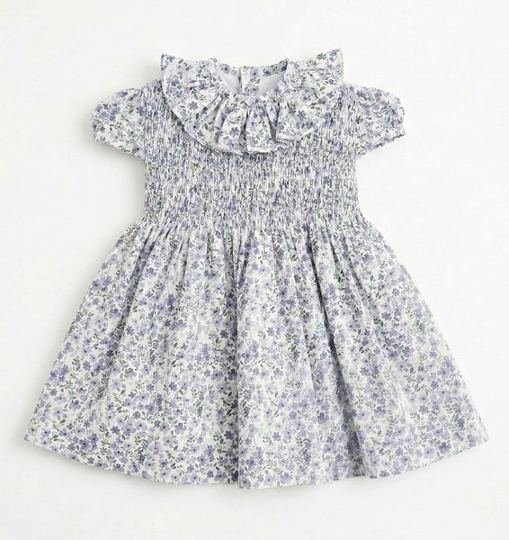 GIRLS SKY BLUE FLORAL SMOCKED DRESS