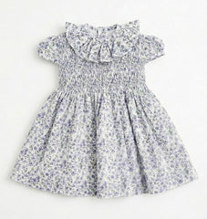 GIRLS SKY BLUE FLORAL SMOCKED DRESS