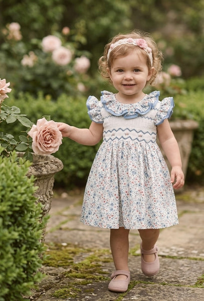 GIRLS DOUBLE COLLAR PINK BLUE FLORAL SMOCKED DRESS