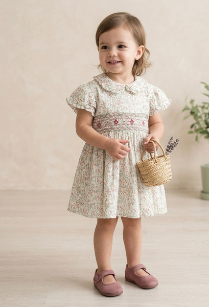 GIRLS PUFF SLEEVE WITH COLLAR FLORAL SMOCKED DRESS