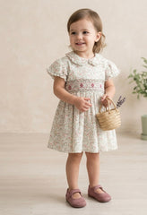 GIRLS PUFF SLEEVE WITH COLLAR FLORAL SMOCKED DRESS