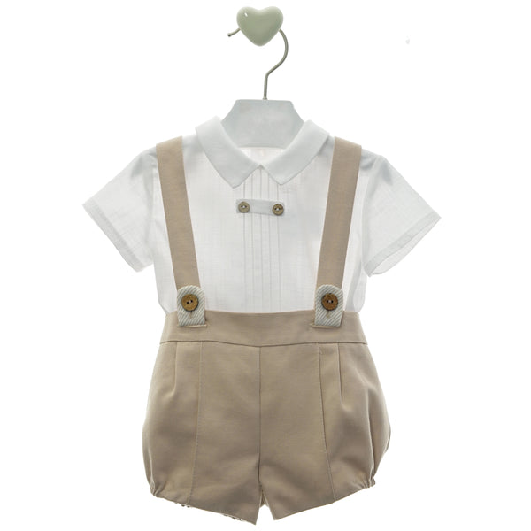 BOY BEIGE CLASSIC SHORT PANTS WITH SUSPENDERS AND COLLAR SHIRT