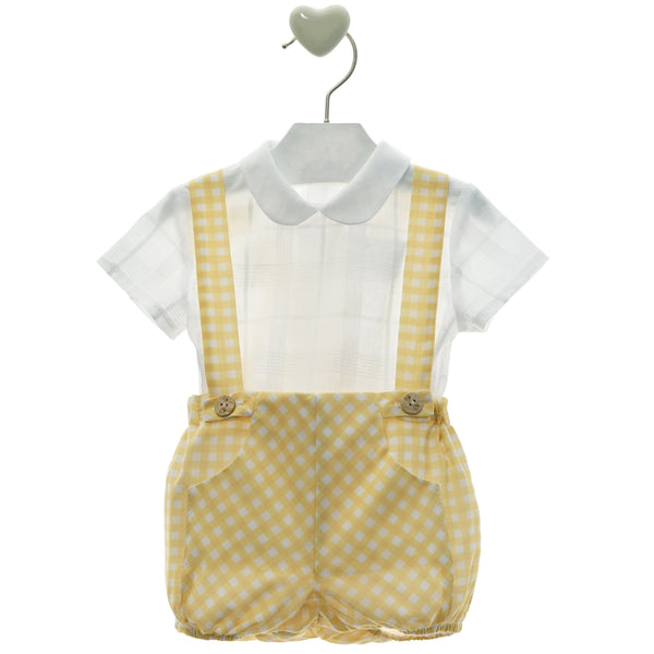 BOY YELLOW PLAID SHORT PANTS WITH SUSPENDERS AND SHIRT