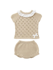 GIRLS KNITTED MIXED RUFFLE COLLAR SHIRT AND BLOOMER 2P SET