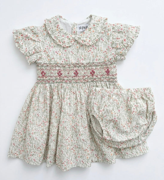 GIRLS PUFF SLEEVE WITH COLLAR FLORAL SMOCKED DRESS