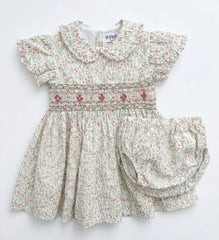 GIRLS PUFF SLEEVE WITH COLLAR FLORAL SMOCKED DRESS