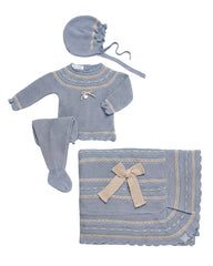 BABY FRILLS KNIT BOW BLANKET AND NEWBORN 4P SET