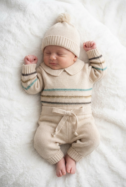 CREAM NEWBORN STRIPES AND KNIT COLLAR 3P SET