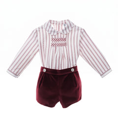 BOYS STRIPES SHIRT AND VELVET SHORT SET AZAFRAN