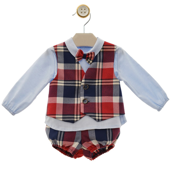 BOYS RED BLUE PLAID SHORT WITH VEST AND BOW TIE SET