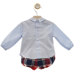 BOYS RED BLUE PLAID SHORT WITH VEST AND BOW TIE SET