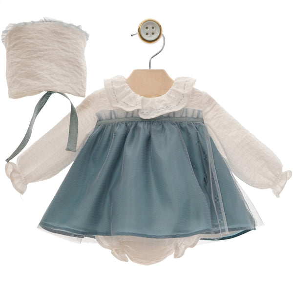 BABY GIRLS BLUE TULLE DRESS WITH BONNET