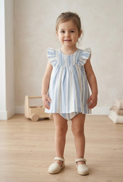GIRLS RUFFLE SLEEVE STRIPED DRESS WITH BLOOMER 2P PORCELANA