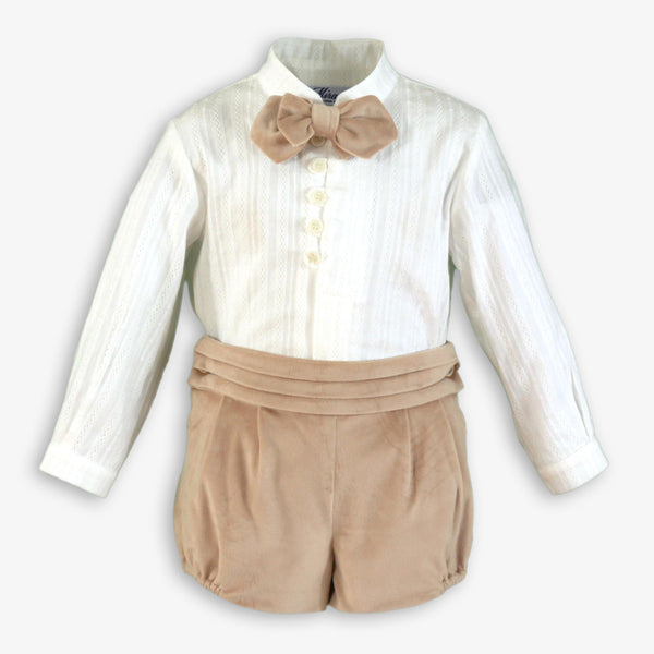 BOYS VELVET SHORT WITH BOW TIE SHIRT SET