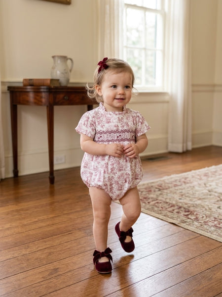 BABY RED TOILE PRINT SMOCKED ROMPER