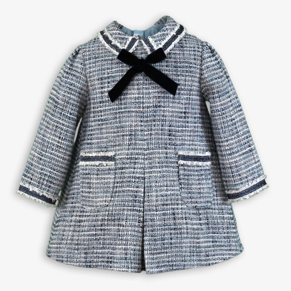 BABY VELVET BOW TWEED BLUE DRESS