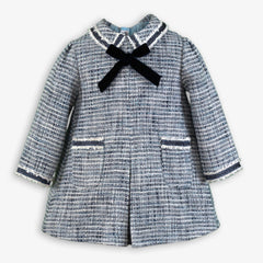 BABY VELVET BOW TWEED BLUE DRESS