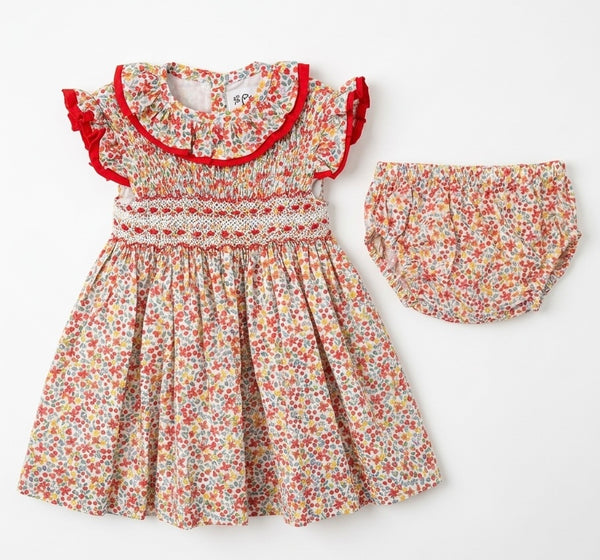 GIRLS  RED FLORAL SMOCKED DRESS