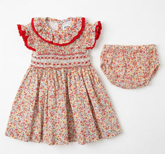 GIRLS  RED FLORAL SMOCKED DRESS