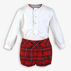 BOYS RED TARTAN SHORT AND SHIRT SET