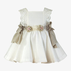 GIRL FLORAL APPLIQUE AND BEIGE BOWS DRESS