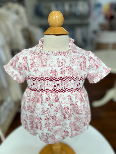 BABY RED TOILE PRINT SMOCKED ROMPER