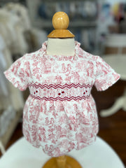 BABY RED TOILE PRINT SMOCKED ROMPER
