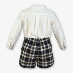 BOYS GRAY AND WHITE CHECKED SHORT AND MAO COLLAR SHIRT SET
