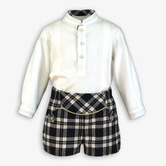 BOYS GRAY AND WHITE CHECKED SHORT AND MAO COLLAR SHIRT SET