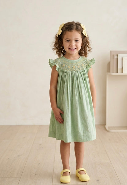 GIRLS SMOCKED GREEN DRESS