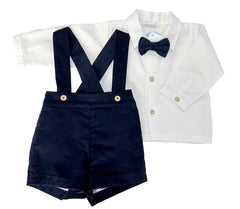 BOYS VELVET DUNGAREE AND SHIRT WITH BOW TIE SET