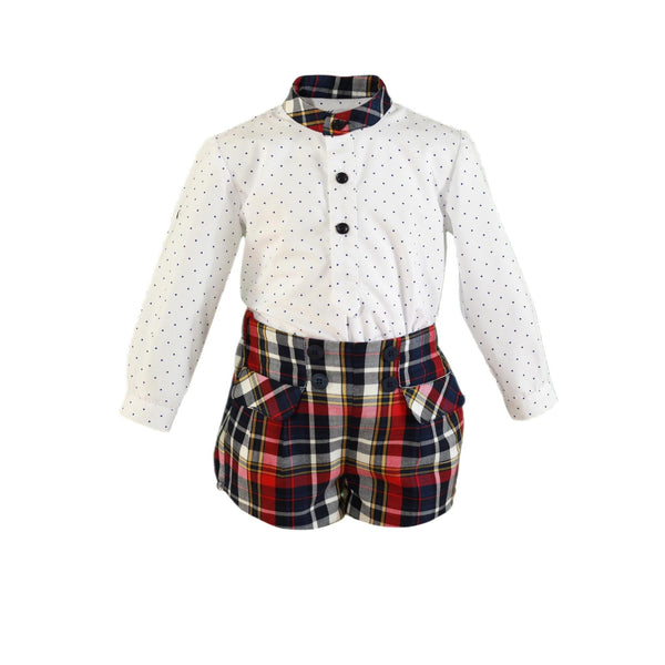 BOYS PLAID AND DOTS SHORT SET