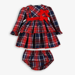 BABY RED BOWS PLAID DRESS WITH BLOOMER 2P SET