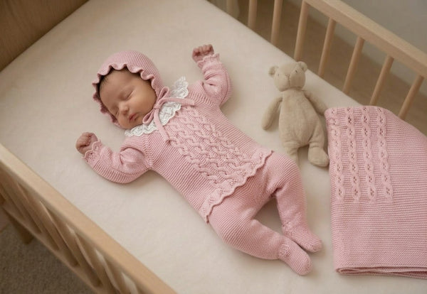 LIGHT PINK BABY CABLE KNIT BLANKET AND LACE COLLAR NEWBORN 4P SET