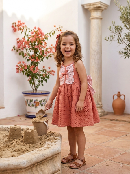 GIRLS EYELET VICHY RUFFLE AND BOW DRESS MAEMUKI