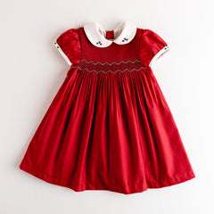 GIRL SMOCKED AND WHITE COLLAR RED DRESS