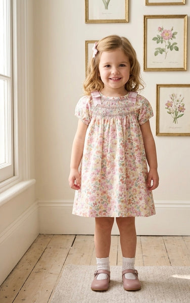 GIRLS PLAID BOWS FLORAL DRESS WITH BLOOMER 2P SAKURA