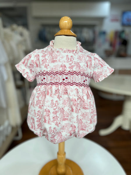 BABY RED TOILE PRINT SMOCKED ROMPER