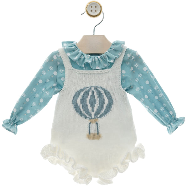 GIRL HOT AIR BALLOON KNIT OVERALLS AND RUFFLE COLLAR SHIRT SET TUL
