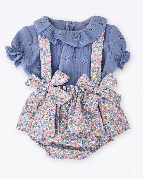GIRLS EYELET WITH COLLAR TOP AND FLORAL ROMPER 2P MALTA