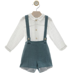 BOYS SAGE GREEN SHORT WITH SUSPENDERS AND SHIRT SET DAMASCO