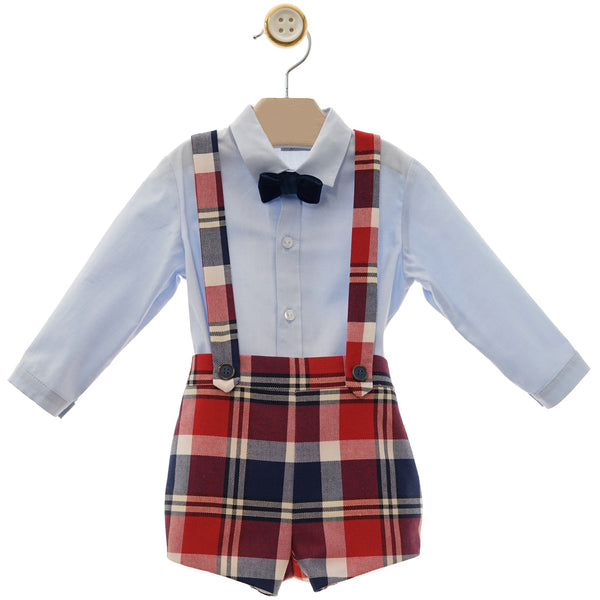 BOYS RED BLUE PLAID SHORT WITH SUSPENDER AND SHIRT WITH BOW TIE