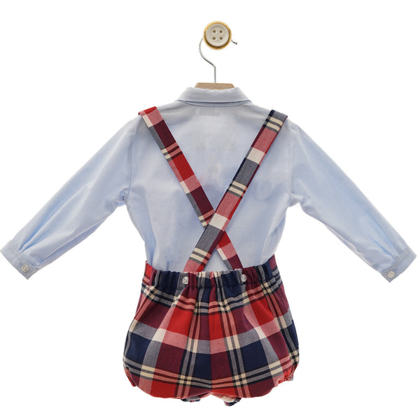 BOYS RED BLUE PLAID SHORT WITH SUSPENDER AND SHIRT WITH BOW TIE