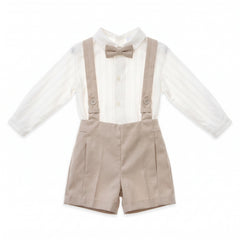 BOYS SUSPENDER SHORT AND BOW TIE IVORY SHIRT SET CANELA