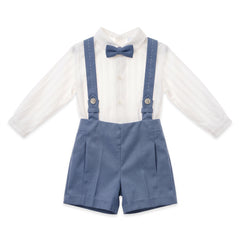 BOYS SUSPENDER SHORT AND BOW TIE IVORY SHIRT SET CANELA