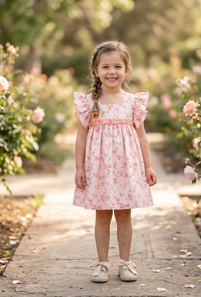 GIRL GINGHAM FLORAL FOUNCE SLEEVE DRESS